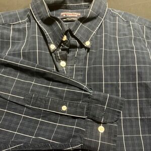 Roundtree & Yorke Mens XL Navy Blue Grid Check 80s Two-Ply Cotton Button Down